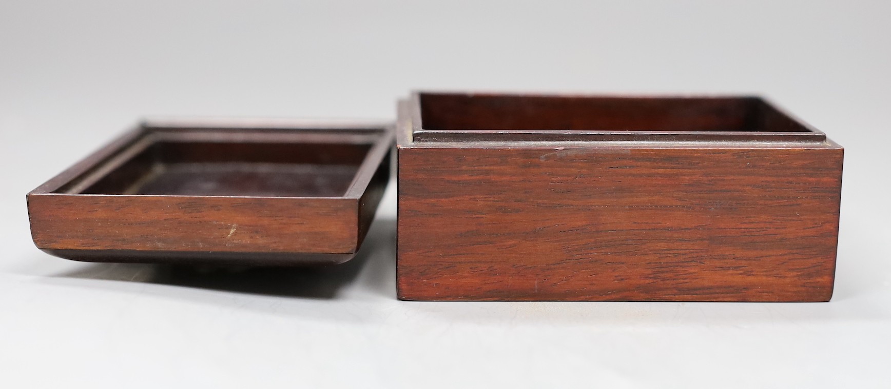 A Chinese hardwood and bowenite jade mounted box, 9.5cms wide x 5cms high
